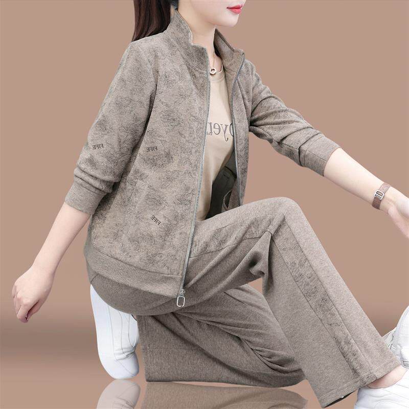 休闲运动套装女士春秋2026新款时尚减龄跑步服立领卫衣外套三件套