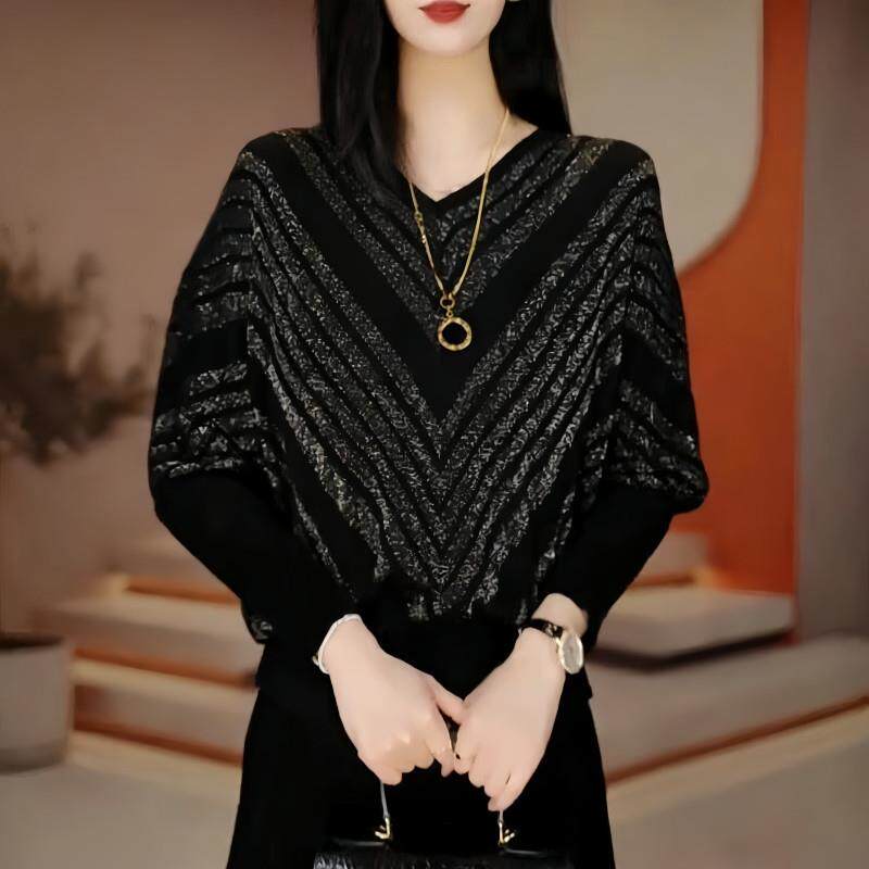 设计感条纹V领蝙蝠袖针织衫女士2026年春秋新款气质休闲长袖上衣