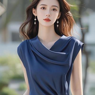 独特漂亮绝美小衫法式气质醋酸缎面上衣高级感蓝色短袖衬衫女夏季