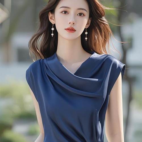 独特漂亮绝美小衫法式气质醋酸缎面上衣高级感蓝色短袖衬衫女夏季
