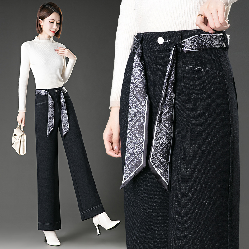 春秋羊绒窄版阔腿休闲裤子女2025新款高腰弹力修身丹宁蓝喇叭长裤