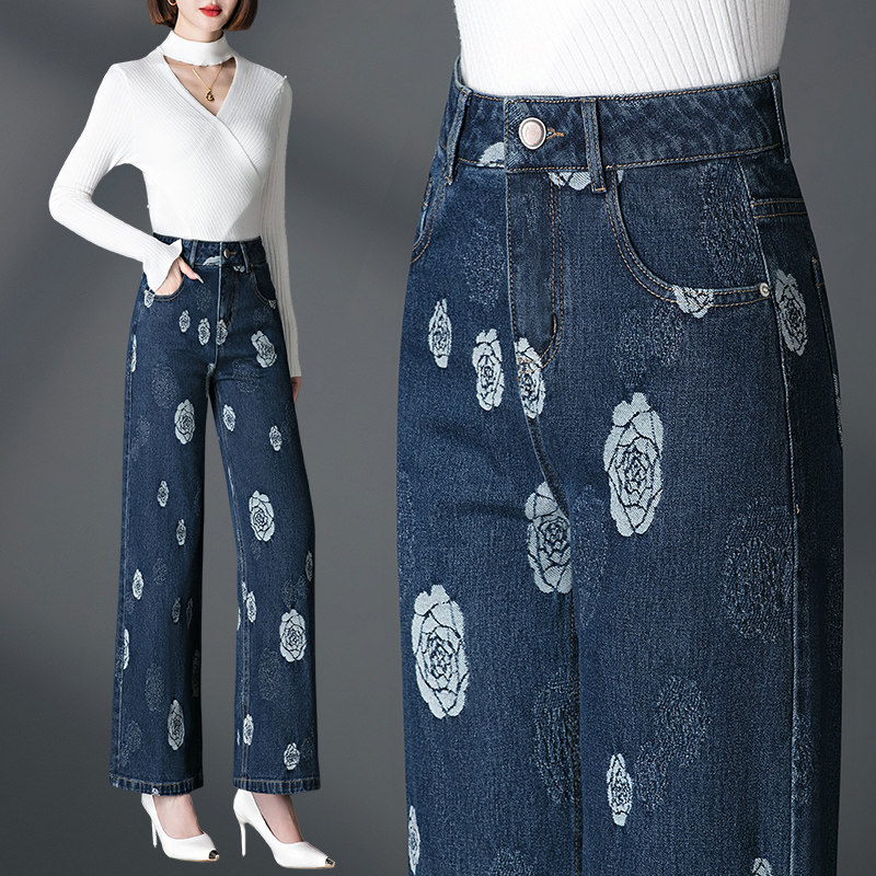 春秋窄版阔腿牛仔裤子女新款提花高腰弹力休闲显瘦大码直筒长裤