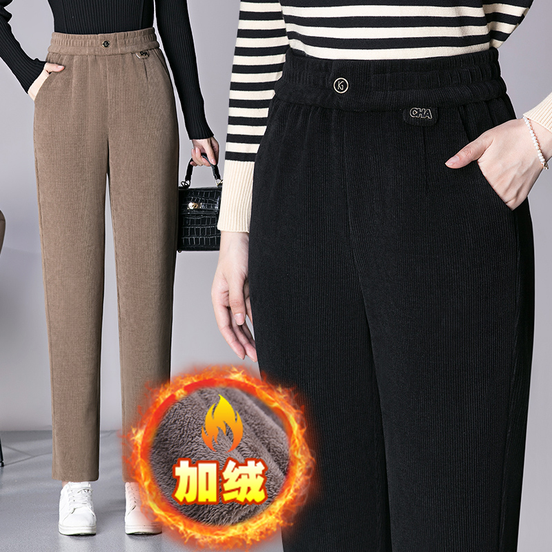 高腰灯芯绒妈妈裤子女直筒休闲裤
