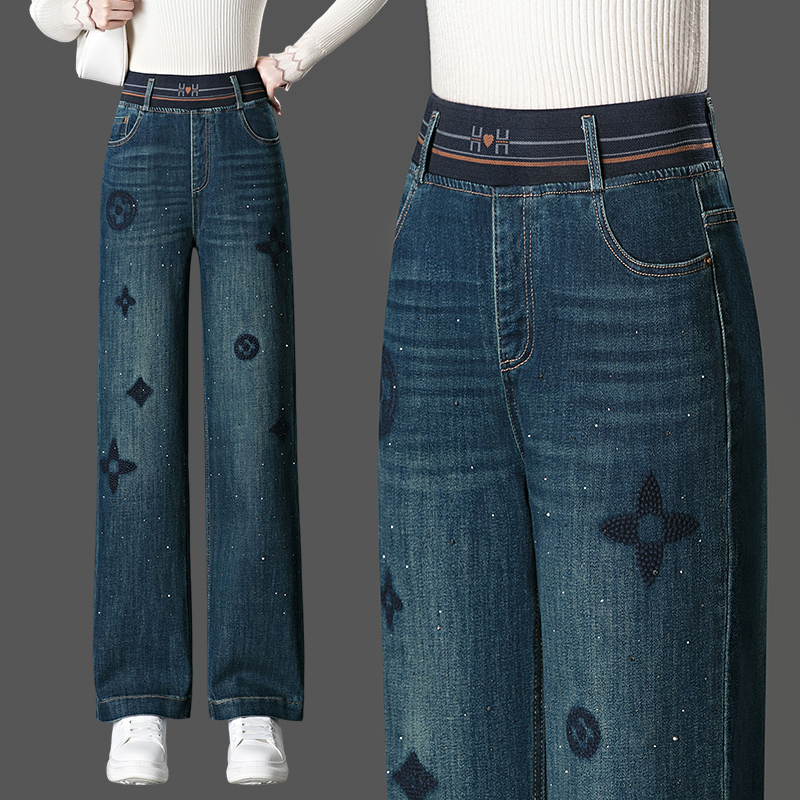 春秋窄版阔腿牛仔裤子女2025新款高腰弹力刺绣宽松松紧腰直筒长裤