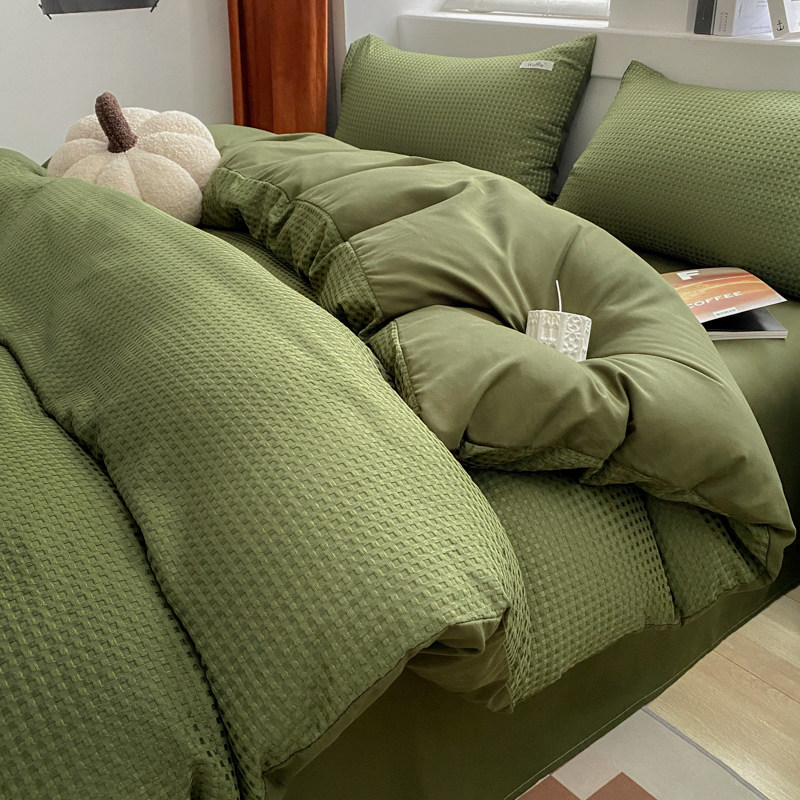 简约华夫格四件套水洗棉被套床单非全棉纯棉宿舍床上三件套床笠冬