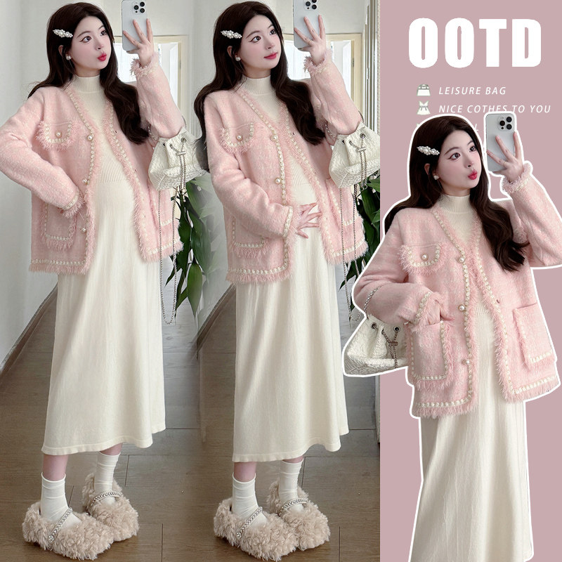 출산 가을 겨울 정장 2024 패션 새로운 작은 향기 스타일 모조 밍크 벨벳 자켓 니트 BOTTOMING 복장