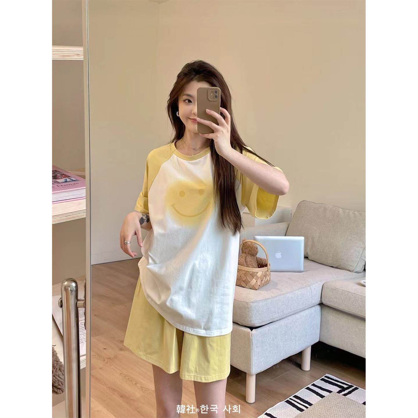 韩社冰感纯棉撞色笑脸套装家居服女可外穿