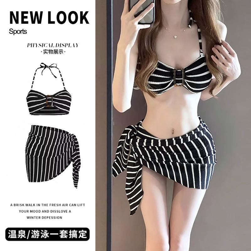 泳衣女款黑白条纹比基尼抹胸吊带性感小胸甜美显瘦沙滩度假泡温