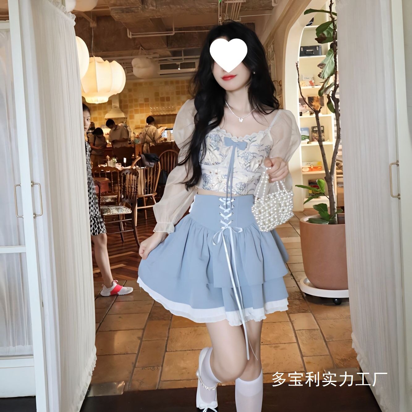 日系甜美小清新蝴蝶结显瘦拼接长袖上衣高腰a字短裙套装女荷叶边