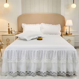 韩式 白色蕾丝床裙单件床罩刺绣花边三件套1.8m防滑床单防尘罩新品