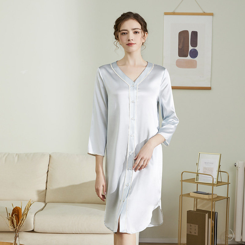 春秋睡衣女2021年新款高档真丝典雅文艺风的夏季桑蚕丝七分袖睡裙