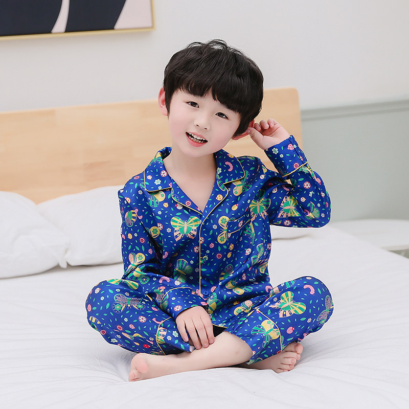 春秋真丝男童睡衣套装