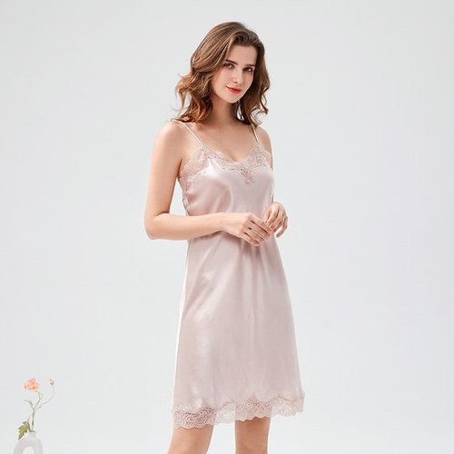 夏季有机桑蚕丝花边吊带睡裙女