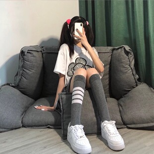 网红明星同款长袜女四杠及膝袜棉质小腿袜TB灰色学院风JK过膝袜子