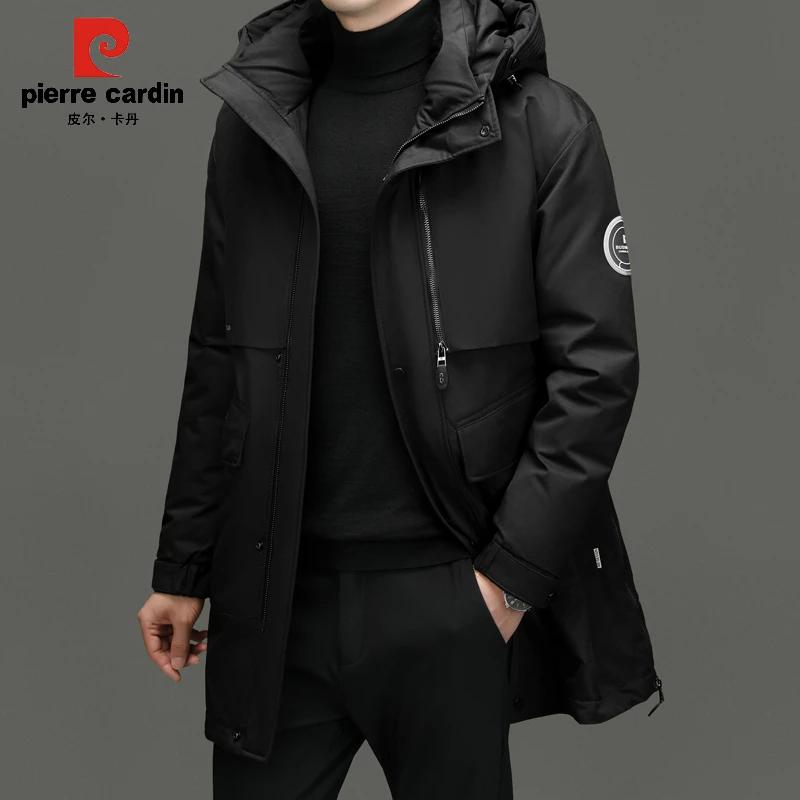 皮尔卡丹男士90白鹅绒羽绒服冬季中长款户外时尚保暖加厚连帽外套