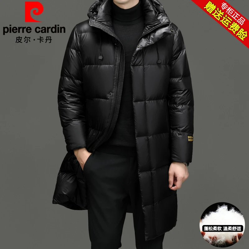 皮尔卡丹男士黑金鸭绒中长款羽绒服冬季新款潮流连帽保暖加厚外套