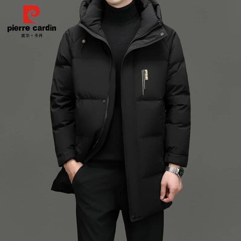 皮尔卡丹男士90白鹅绒连帽中长款羽绒服冬季加厚防寒保暖休闲外套