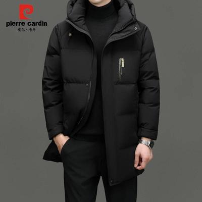 皮尔卡丹男士90白鹅绒连帽中长款羽绒服冬季加厚防寒保暖休闲外套