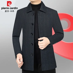 皮尔卡丹高档男士商务休闲毛呢夹克春秋季中老年爸爸装翻领外套男