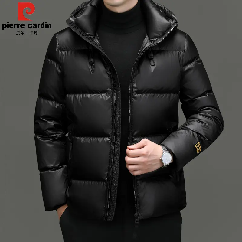 皮尔卡丹高档男士白鸭绒羽绒服冬季短款连帽加厚防寒服黑金外套潮