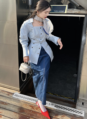 ARTBRUT高级感衬衫女设计感小众显瘦收腰修身上衣长袖方领中长款