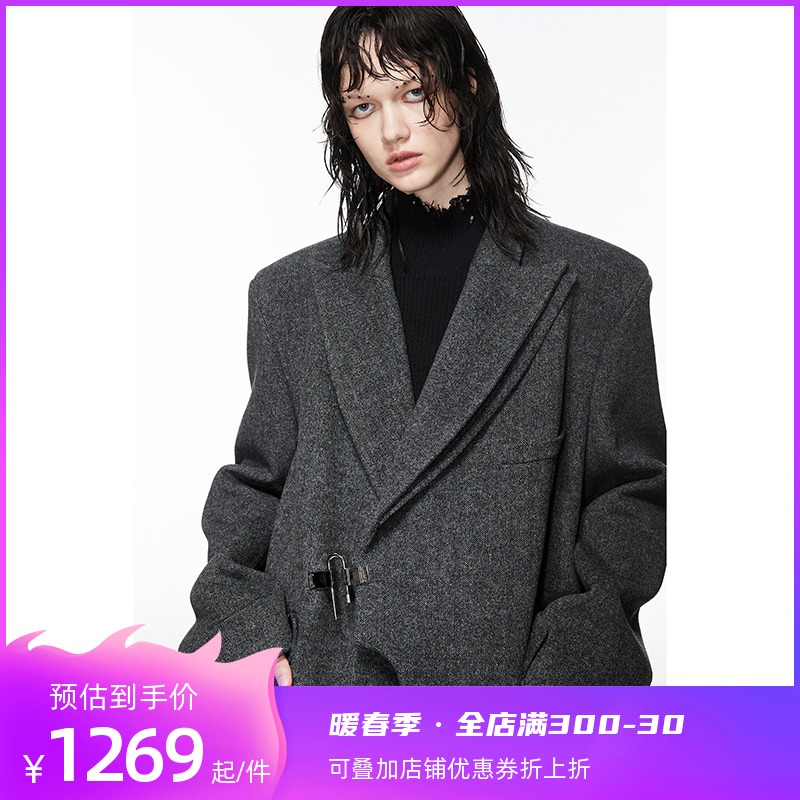 artbrut高级感灰色羊毛大衣女冬季羊绒西装领垫肩毛呢外套中长款