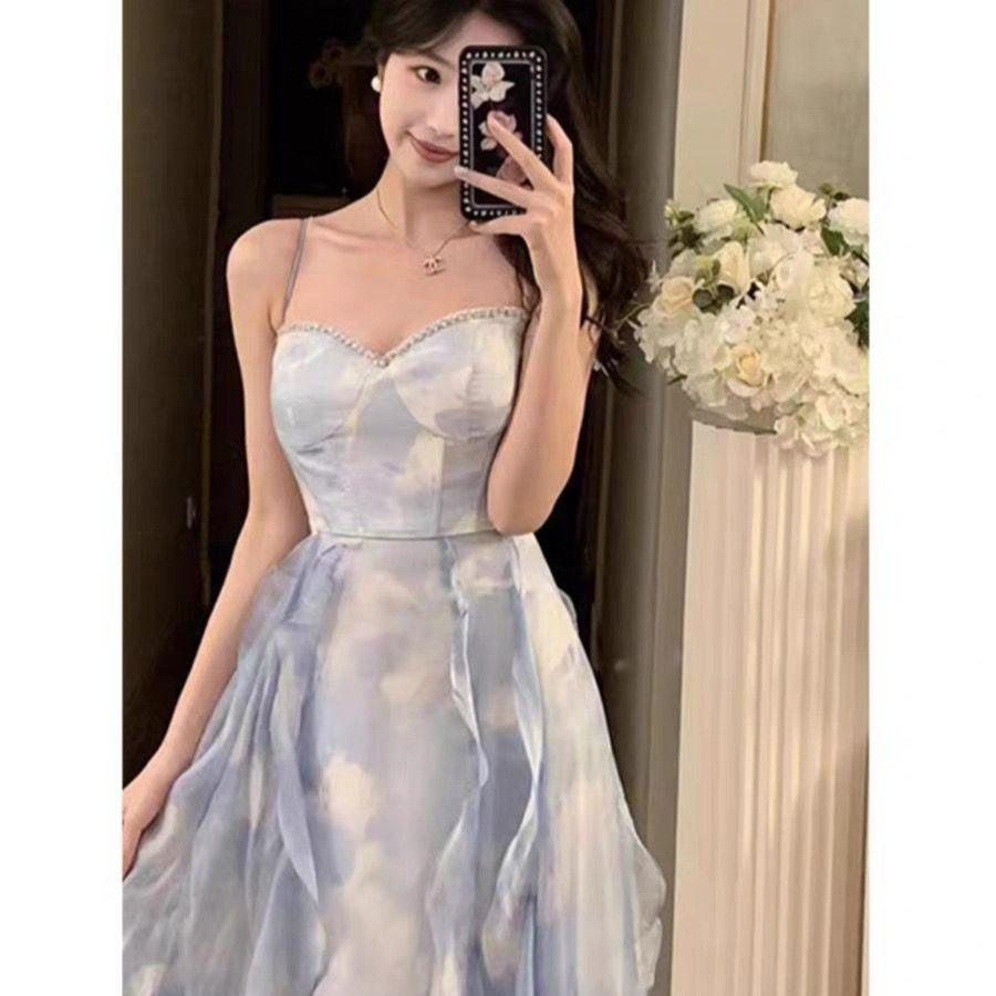 法式蓝色抹胸吊带连衣裙海边度假垂坠感超仙女公主蛋糕裙长裙