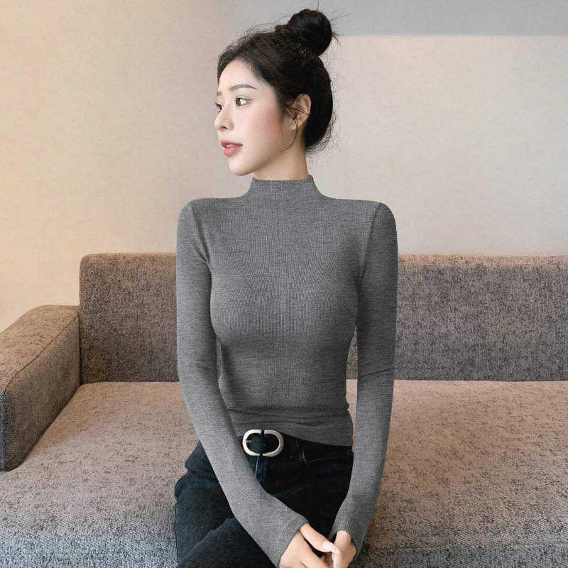 半高领打底衫女灰色2025新款秋冬内搭高级感修身薄款针织黑色上衣