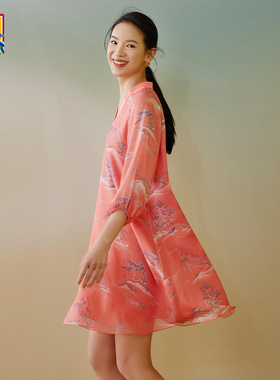 皇锦中式领七分袖真丝睡裙连衣裙HJ21373