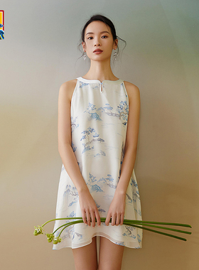 皇锦真丝雪纺新中式圆领睡裙可外穿家居服背心裙-亭云HJ21376