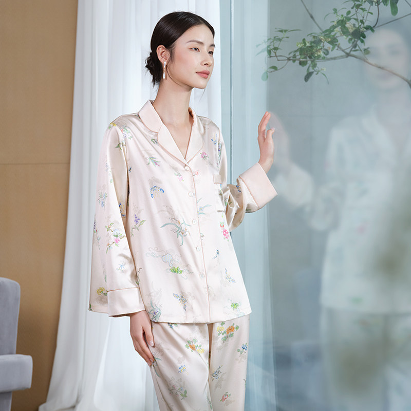 皇锦真丝100%桑蚕丝家居服长袖开襟套装睡衣秋冬-露华浓HJ21588