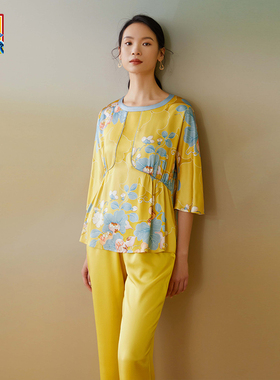 皇锦真丝印花分身睡衣家居服套装HJ21370