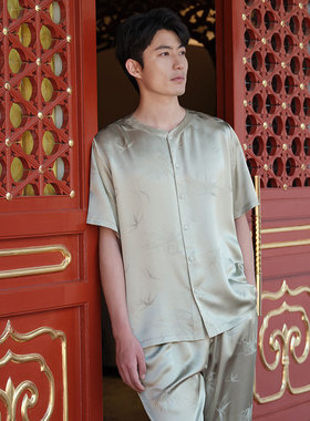 皇锦真丝提花男士睡衣短袖分身套装-竹韵HJ22045