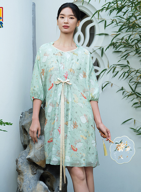 皇锦真丝雪纺七分袖系带睡裙-海错图HJ21532