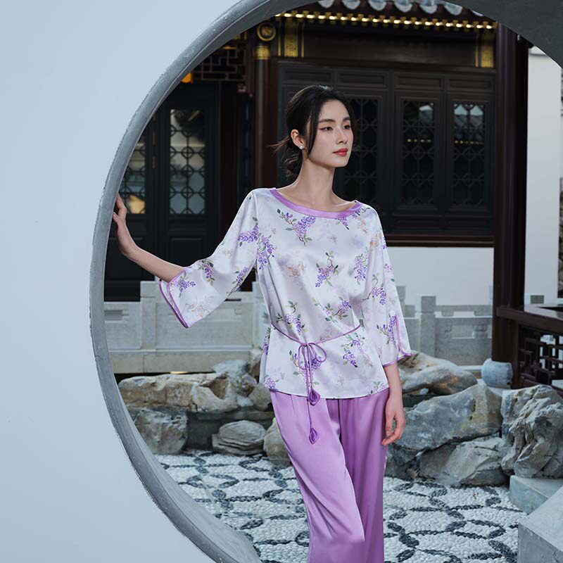 【皇锦】真丝桑蚕丝圆领七分袖分身家居套装19姆米-九重紫HJ21545