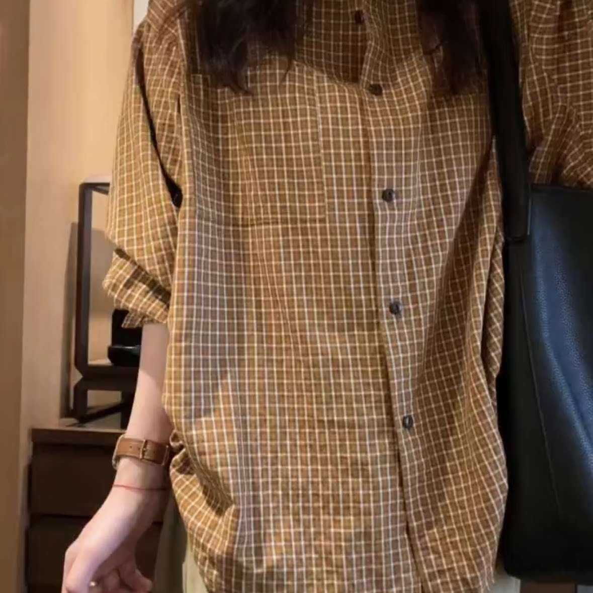 韩系宽松慵懒棕色格子长袖衬衫