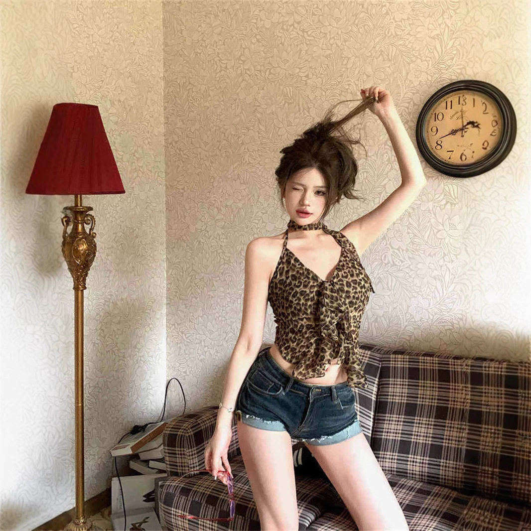 美式辣妹风豹纹露背挂脖吊带背心