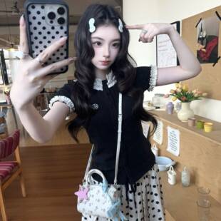 学院风套装女夏季古早少女黑色花边袖波点针织T恤半身裙子两件套