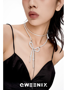 QWEENIX 气质蝴蝶结白色珠串仿珍珠双层绑带项链仙女高级锁骨链