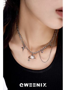 QWEENIX 原创星芒几何环绕珍珠星球项链小众设计叠戴双层潮流男女