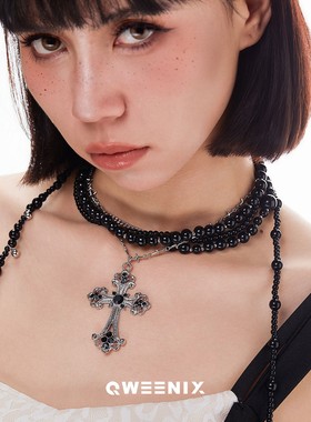 QWEENIX黑石钛钢项链重工哥特朋克多层叠戴复古黑吊坠十字架项链