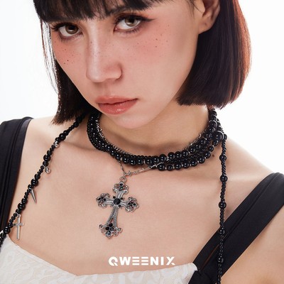 QWEENIX黑石钛钢项链重工哥特朋克多层叠戴复古黑吊坠十字架项链
