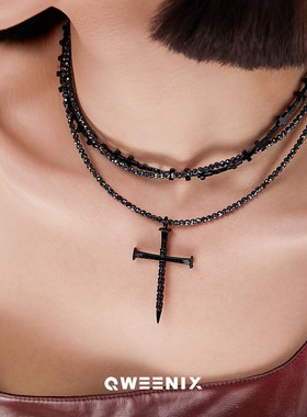 QWEENIX 黑色十字架多层项链女精致小众气质ins风锁骨链潮2024