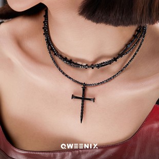 黑色十字架多层项链女精致小众气质ins风锁骨链潮2024 QWEENIX