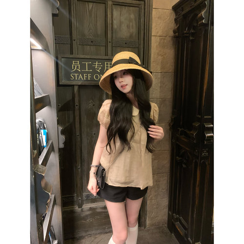 张爆爆 甜美娃娃领泡泡袖衬衫女夏季少女感苎麻小上衣娃娃衫