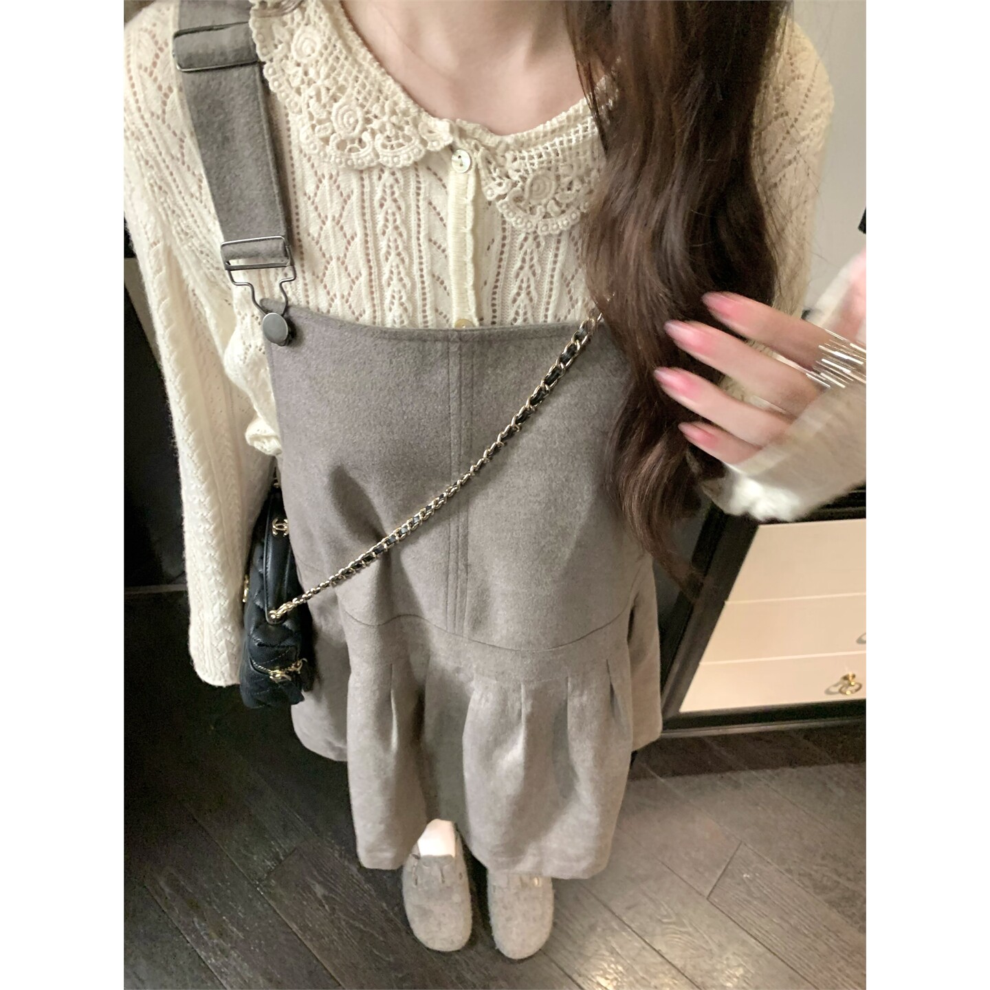 张爆爆 色纺羊毛混纺背带连衣裙女灰色显瘦小个子背带裙图片