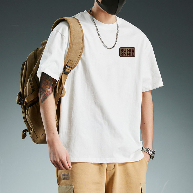 纯棉圆领短袖T恤正肩纯色修身设计感拼接小众高级潮牌服装国潮男