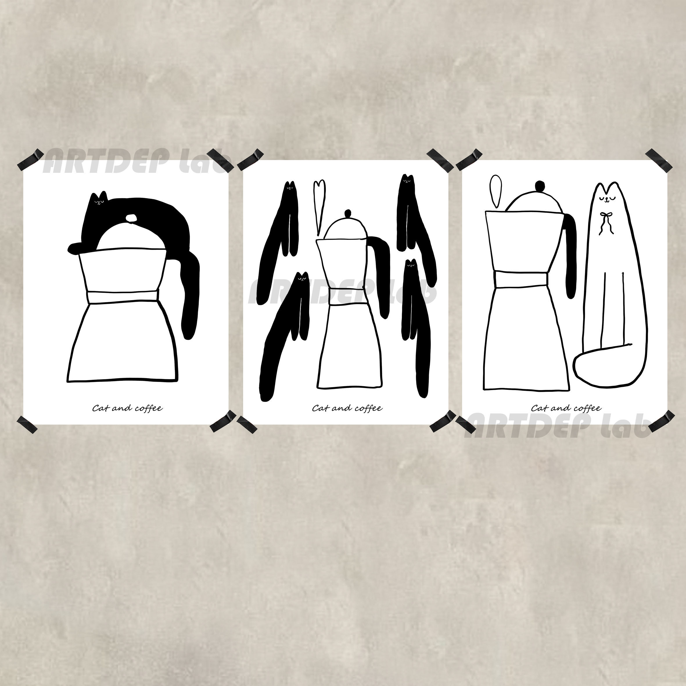 ATD猫与咖啡 咖啡馆饮品店 复古纸质手绘插画海报装饰画拍照墙贴
