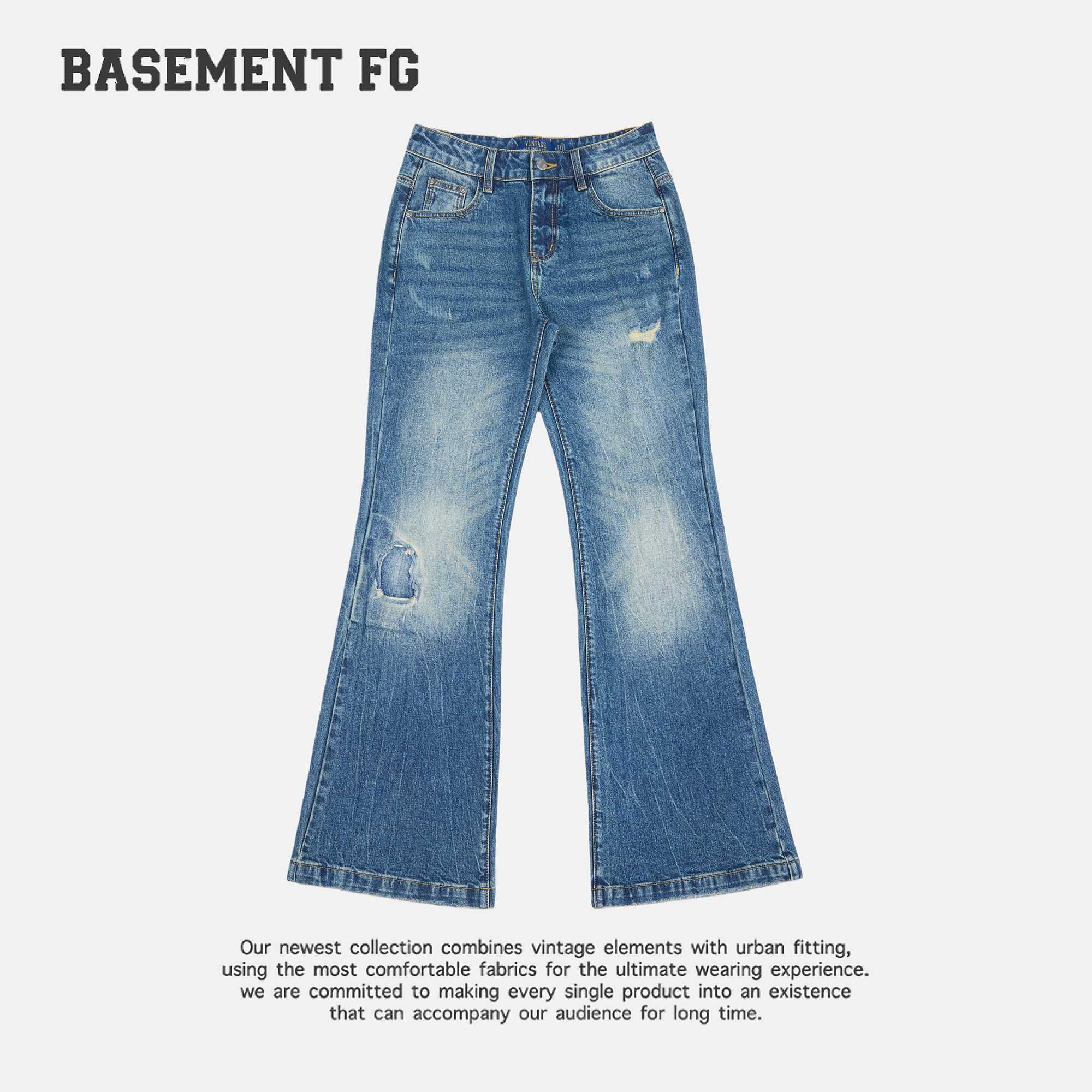 BASEMENTFG美式复古微喇显瘦长裤破洞牛仔裤267330003031
