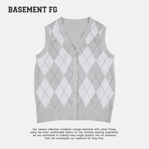 BASEMENTFG学院风菱形格V领针织马甲263010015062